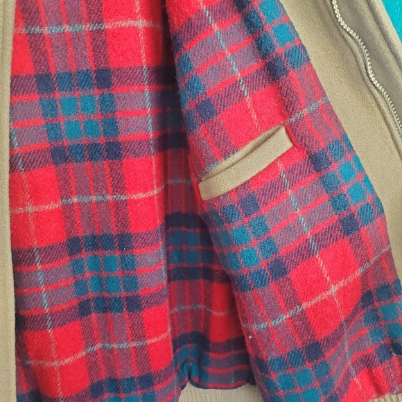 Vintage Tan Bomber Jacket with Red Plaid Lining - Picture 7 of 10